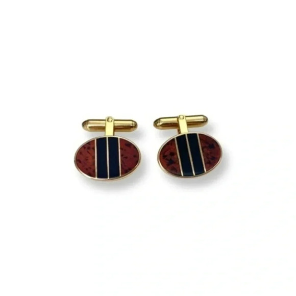 𝅺STYLISH Mod 1960s Vintage Burl Wood Look and Onyx Inlay Cufflinks.​ - Picture 2 of 10